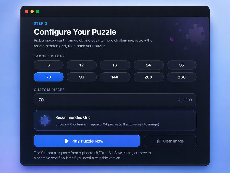 Jigsawify configure step: choosing a target piece count with a recommended grid preview