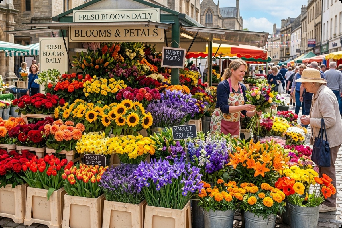 A good jigsaw puzzle photo: a vibrant flower market with rich color and texture spread across the whole frame