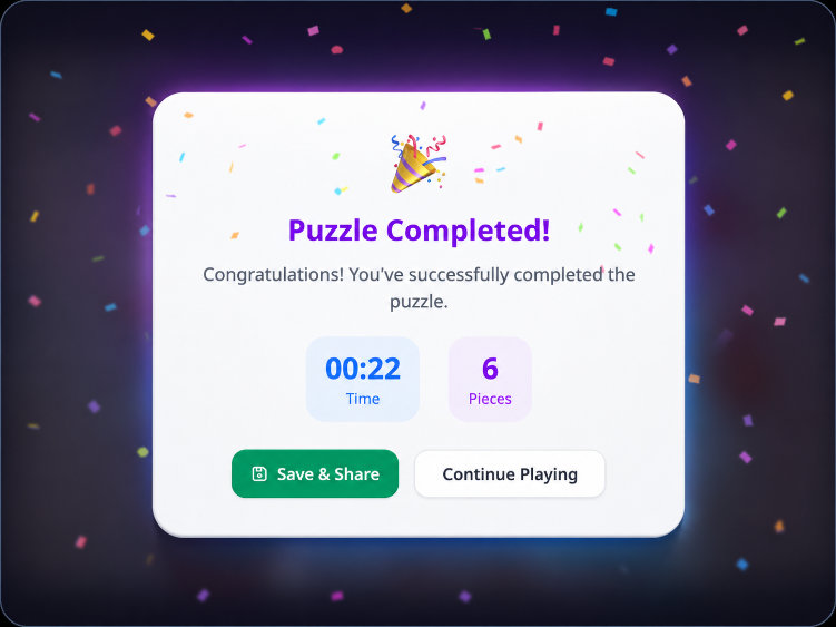 Jigsawify puzzle completed dialog showing solve time, piece count, and a Save & Share button